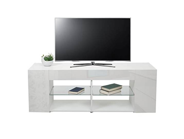 Mendler TV-Rack HWC-L36 Holz 50x144x40cm Hochglanz, weiß TV-Board, Fernsehtisch, Lowboard, TV-Schrank, Kommode, Staufach