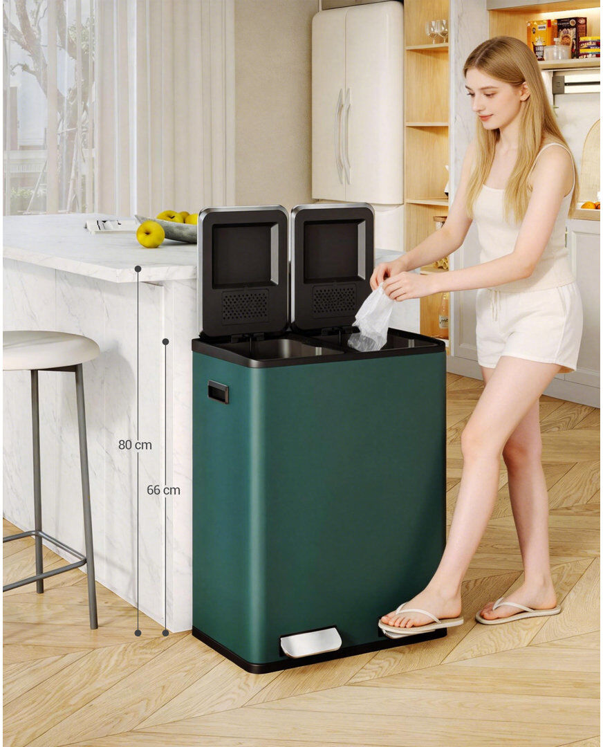 Hzuaneri Kitchen Bin, Recycling Bins, Pedal Bin with Lid, Stainless Steel Kitchen Bins Recycling and Waste, Silent Slow-Down Closing Lid, With 15 Exclusive Tra Green 60L