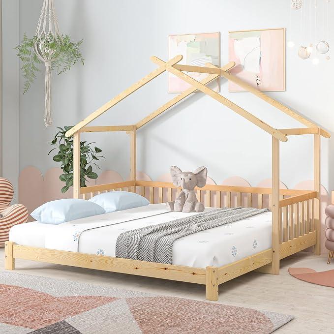 Kinderbett Hausbett 90x200cm, Holzbett Kiefer massiv Einzelbett mit Schiebebett für Kinder, Matratze Nicht enthalten (Nature, 90x200cm)
