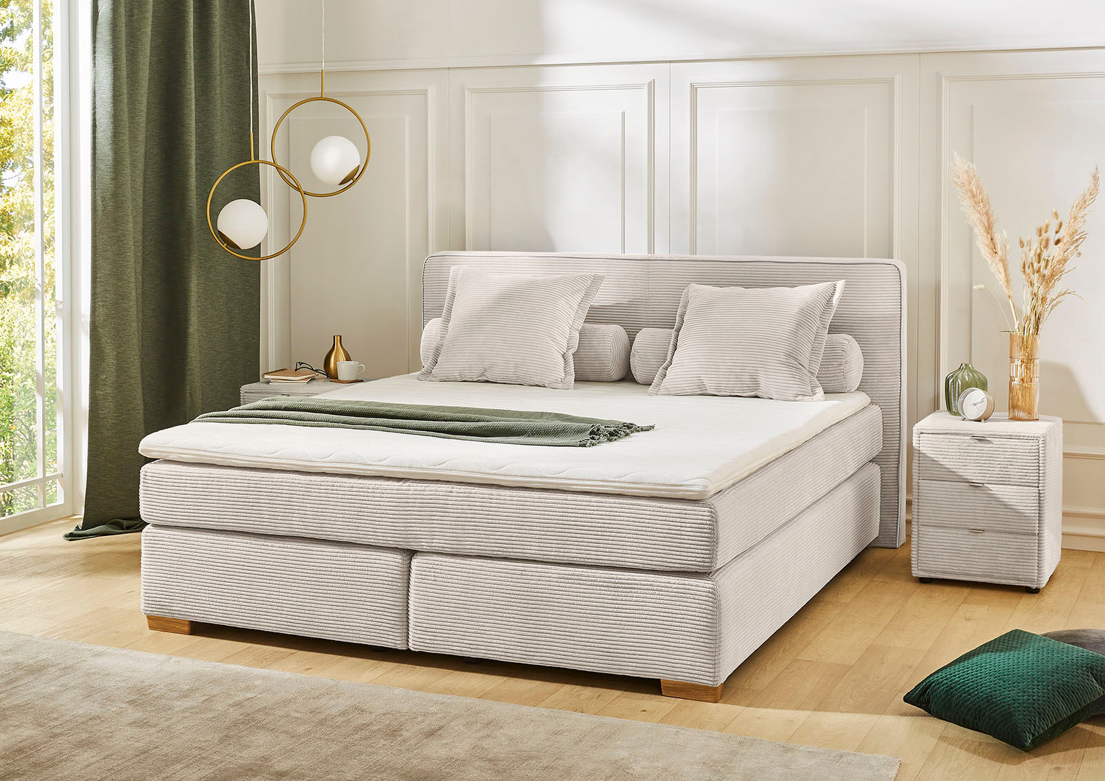 Boxspringbett JOCKENHÖFER GRUPPE "ROMY inkl. 7-Zonen-TTFK-Matratze H3", beige (beige 426, 07), B:196cm L:213cm, Bezug Bett: Microfaser (100% Polyester);Topper und Matratzenspiegel: 100% Polyester, Komplettbetten, Boxspringbett, mit Kaltschaumtopper, Cords