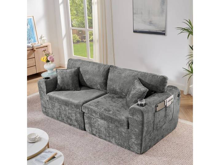 Canapé d'angle moderne 2 places avec porte-gobelet et coussin en tissu chenille 220x 100x 89 cm gris