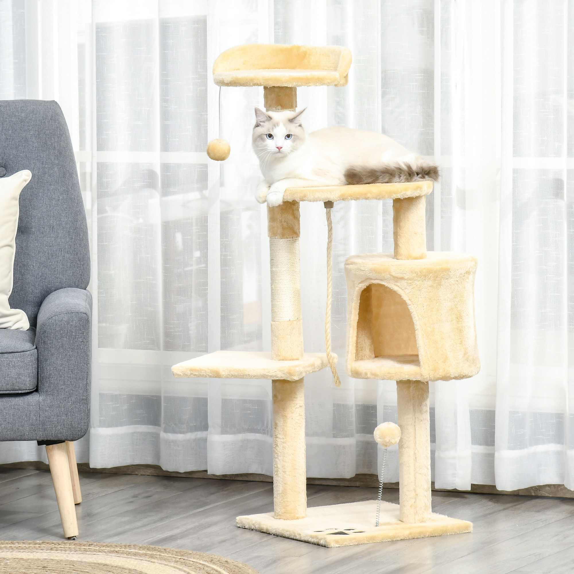 Pawhut Tiragraffi per Gatto Albero Tiragraffi a 4 livello con corda sisal e Giocattolo, Beige 40 × 40 × 114cm Aosom