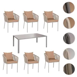 Gartengarnitur HWC-N41, Tisch+6xStuhl, wetterfest Alu 180x80cm, Seilgeflecht Rope ~ grau Kissen taupe