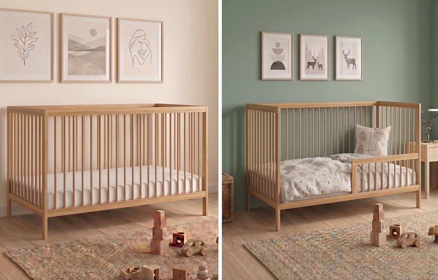 Babybett, Kinderbett und Gitterbett aus stabilem Buchenholz mit Rausfallschutz | Juniorbett | Hergestellt in Europa | Möbel für Kinder- und Jugendzimmer | 60x120 cm | Natur