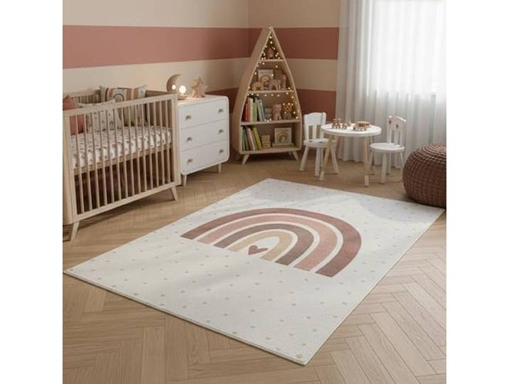 SIMPEX Kinderteppich Regenbogen Spielteppich für Kinderzimmer in Creme mit Herz Motiv Größe 200x290 cm ideal für Spielzimmer