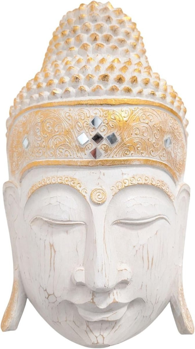Handgesneden Boeddha hoofd sculptuur wanddecoratie Bali - Gebroken wit - Hoogte: 50 cm