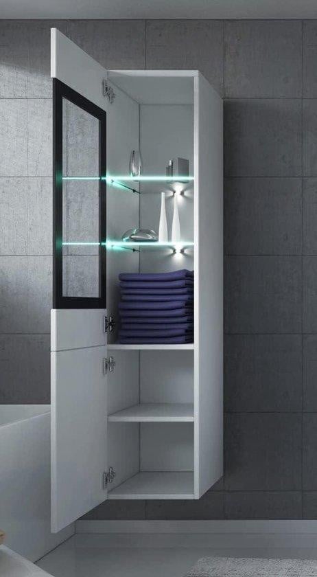 Moderne hoogglans witte badkamerkast met LED-verlichting, Hoogte: 131 cm