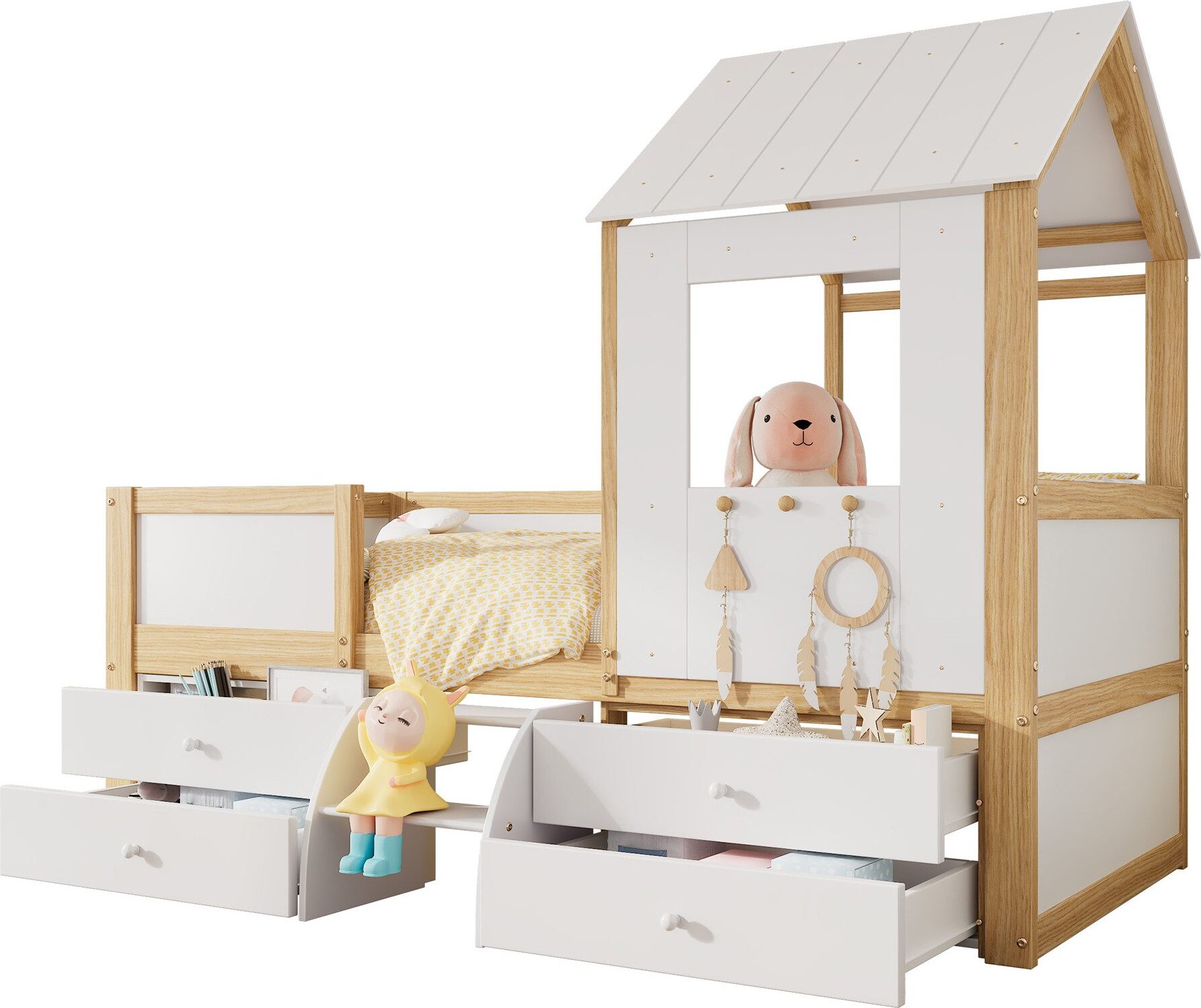 Kinderbett 90x200cm Hausbett£šohne Matratze£Halbhohes Bett mit Dach und Fenster Vierseitiger Zaun mit 4 Schubladen und kleine Treppe Weiss und Natur