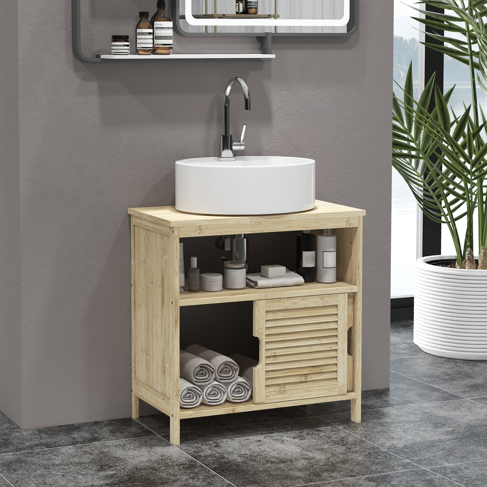 Homcom Mobile sottolavabo in Bambù, Mobile per Bagno con 2 Porte, 60 x 30 x 60 cm, Legno Naturale