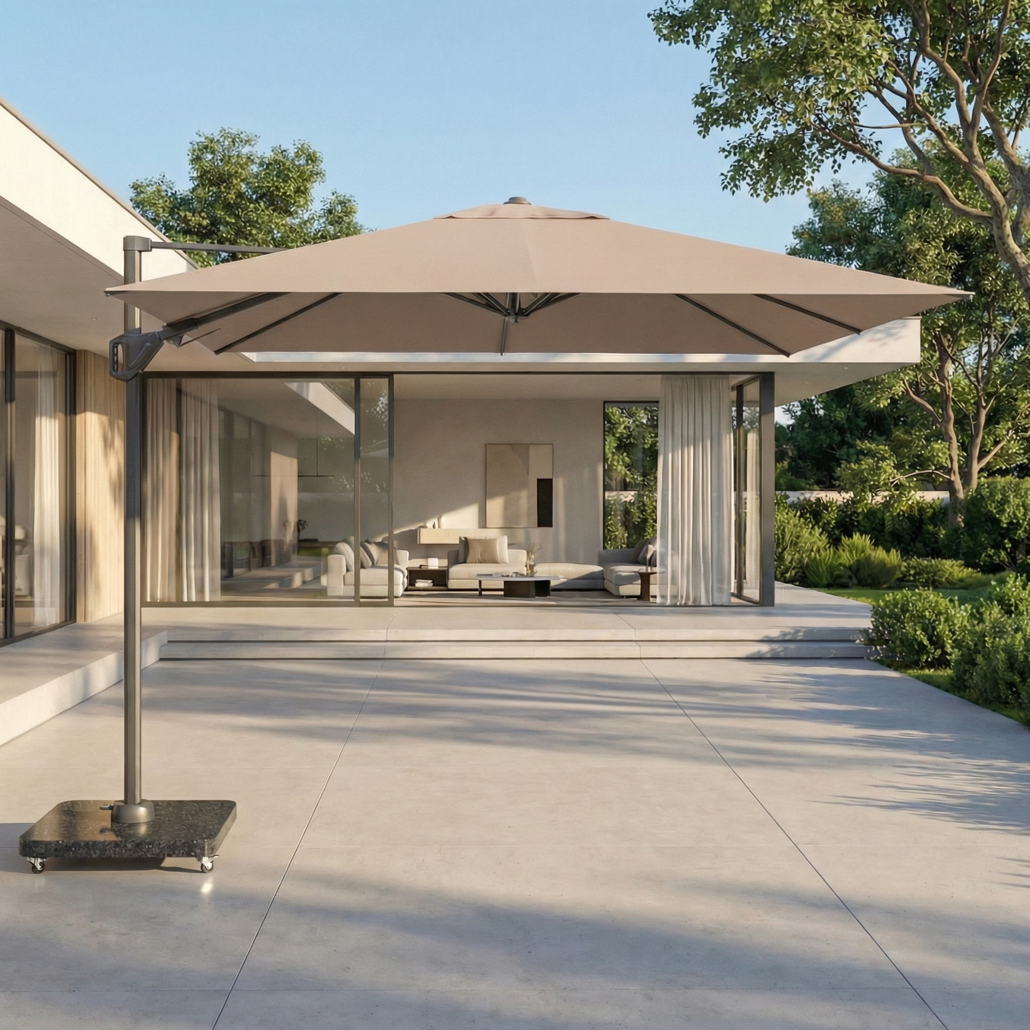 Pacific Lifestyle Voyager T2 2.7m Square Cantilever Parasol in Taupe with 90kg Granite Base