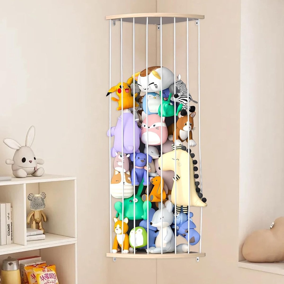 Verstelbaar Houten Hoekopbergrek voor Knuffeldieren en Speelgoed, Wandmontage voor de Kinderkamer