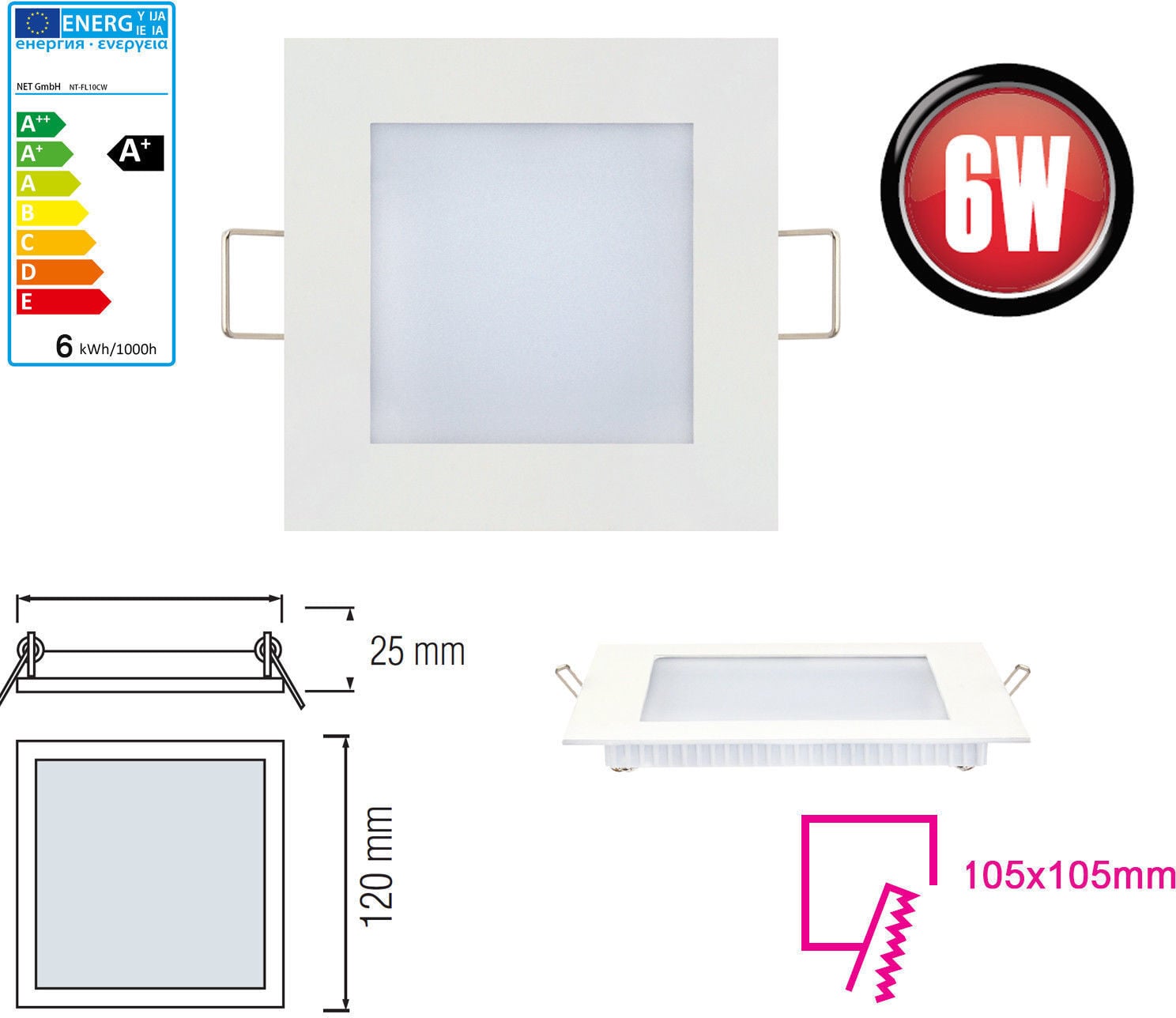 Braytron LED Inbouwpanelen, 6W, Neutraal Wit, 120 x 120 mm