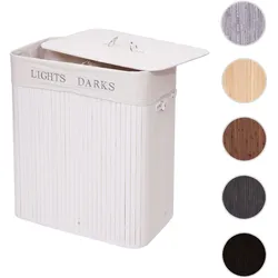 Wäschekorb HWC-C21, Laundry Wäschebox Wäschesammler Wäschebehälter, Bambus 2 Fächer 63x55x34cm 100l ~ weiß