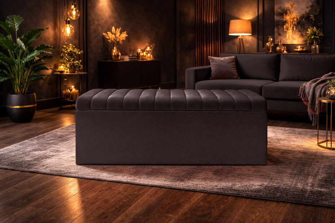 AZ Interiors Royal Furniture Royal Velvet Storage Ottoman Box with Hinged Lid   Lined Upholstered End of Bed Storage Bench   Soft Close Storage Seat   Made in UK Black 90W x 40D x 40H CM