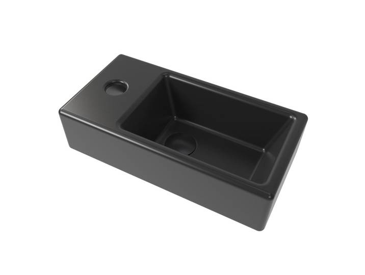 Brevis Lave-mains suspendu Noir mat avec trou pour robinetterie à gauche, 40,5x20,5x10,5cm + Bonde