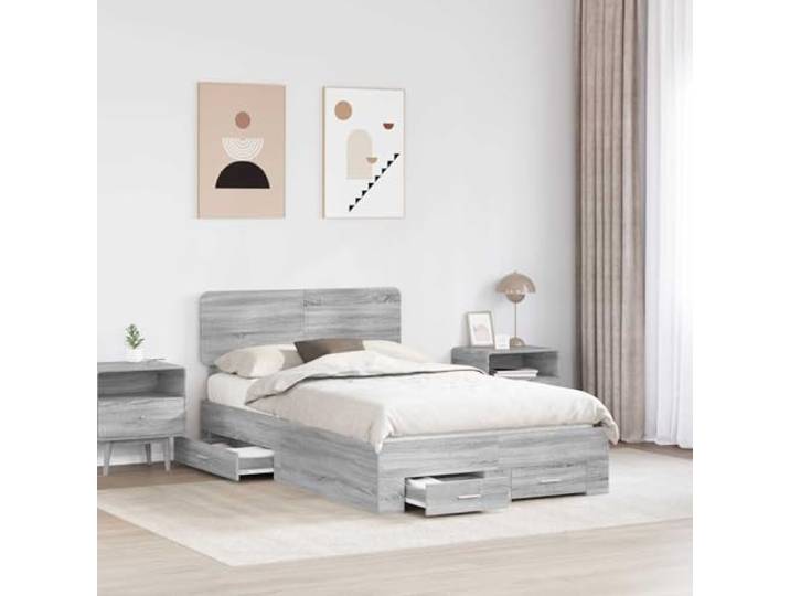 KTHLBRH Sonoma Bettgestell, grau, 120 x 200 cm Technisches Holz, mit Schubladen, Lattenrost, minimalistisches Design