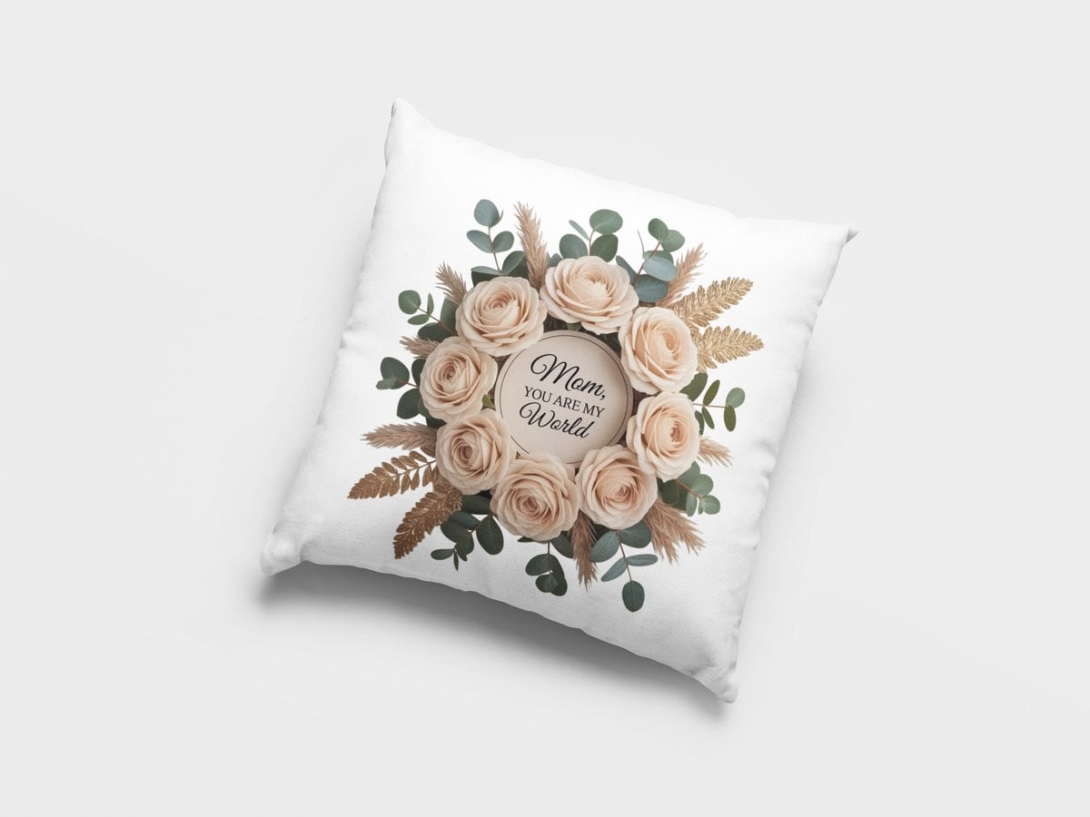 Mama Jij Bent Mijn Wereld Bloemen Sierkussen - Beige Rozen & Eucalyptus Woondecoratie