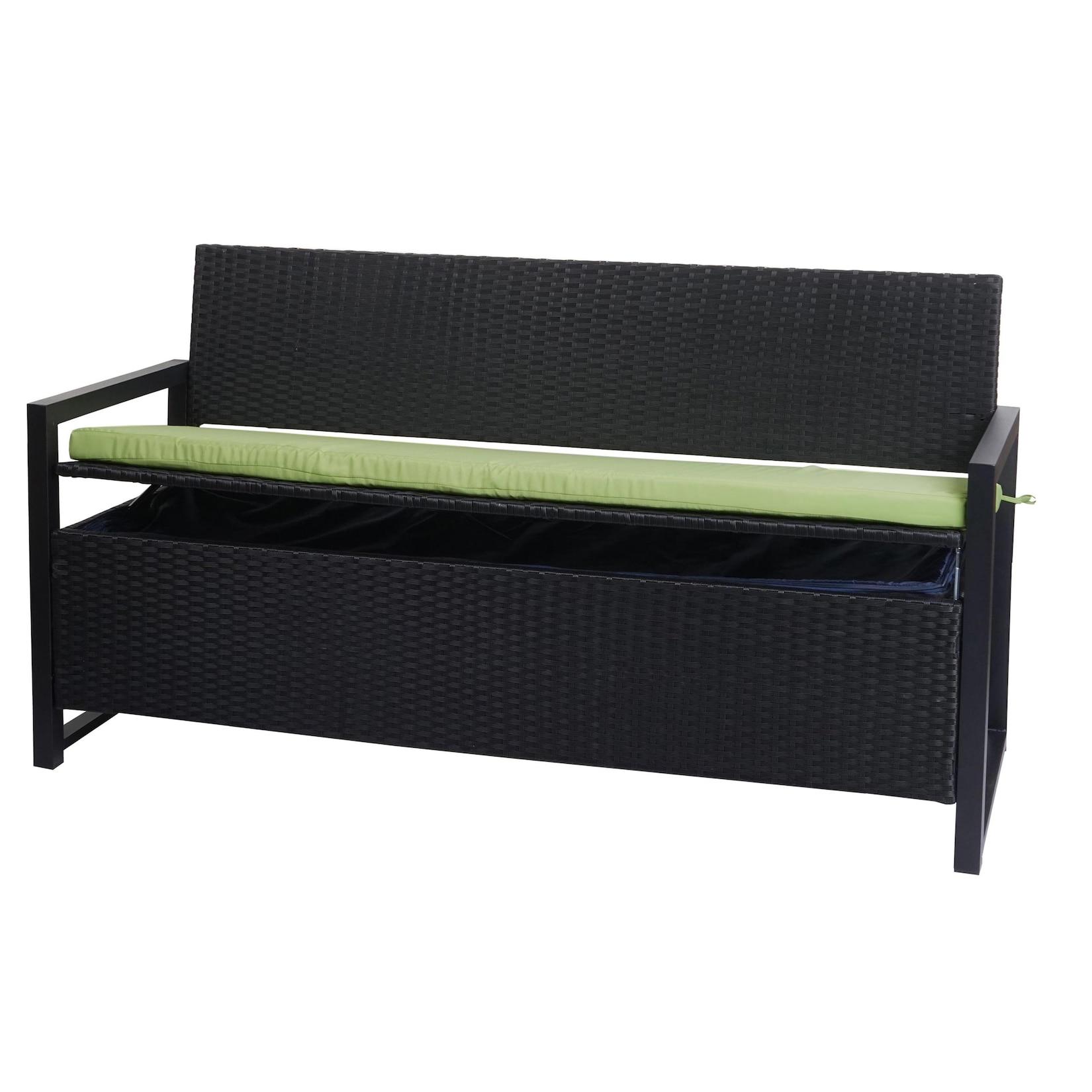 Poly-Rattan 3er Sitzbank MCW-F39, Gartenbank Truhenbank, Staufach Aufbewahrung 164cm ~ anthrazit, Kissen grün