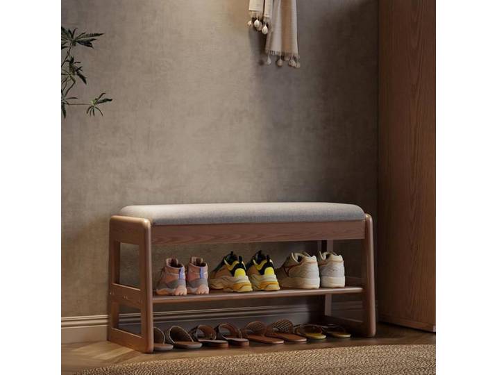 Banc à Chaussures Rembourré Banc de Rangement en Bois Massif Rangement Caché à Chaussures à 2 Niveaux 30 x 80 x 40 cm Noyer