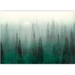Artgeist, Tapete, Fototapete - Bird's eye perspective - landscape of a green forest with trees in the mist (300 x 210 cm)