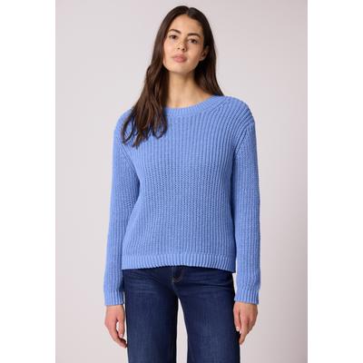 Rundhalspullover STREET ONE, Damen, Gr. 42, blau (bonnet blau), Web, 59% Baumwolle, 41% Polyester, unifarben, normal normal, Rundhals, Rippbündchen, Pullover Rundhalspullover, mit Rippstrick-Struktur