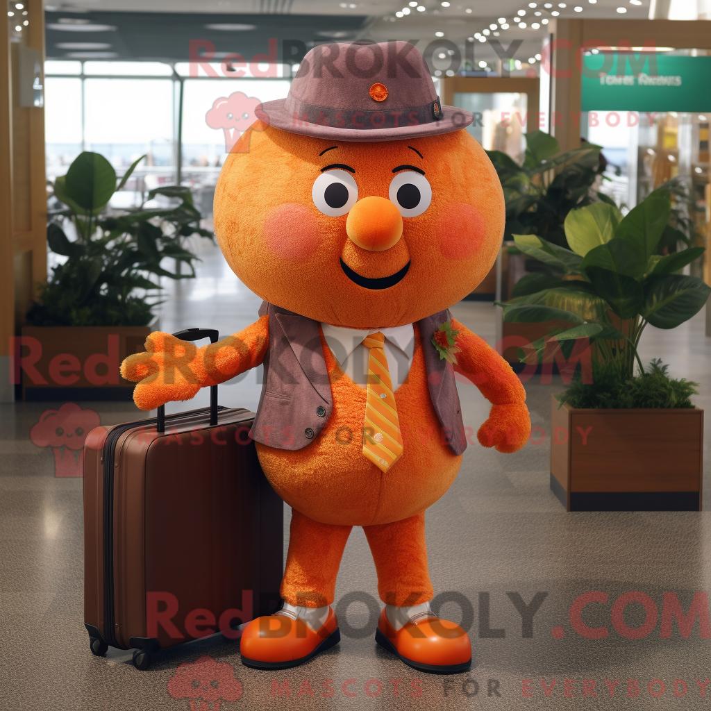 Maskottchencharakter REDBROKOLY einer orangefarbenen Himbeere mit Weste und Aktentasche
