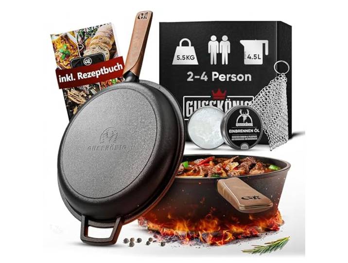 GUSSKÖNIG 2in1 Pfanne Gusseisen Ø26cm, 4,5L (3L Topf + 1,5L Pfanne) mit Doppelfunktions-Deckel – Eingebrannte Grillpfanne inkl. Ringreiniger, Lederhandgriff, Pflegepaste & Rezeptbuch