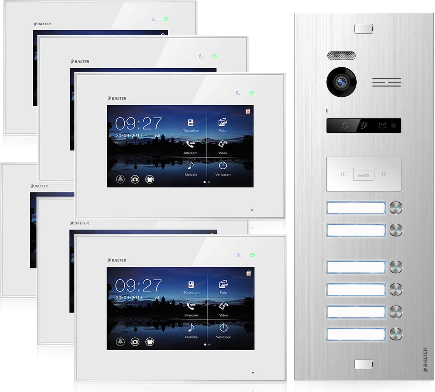 Video Türsprechanlage für 6 Familienhaus, 6x Monitore, Balter EVO