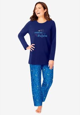 Plus Size Women's Long Sleeve Knit PJ Set by Dreams & Co. in Pool Blue Cosmic Dreams (Size 18/20) Pajamas