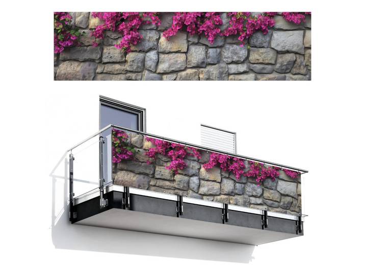 MuchoWow Balkon-Sichtschutz Bougainvillea - Steinmauer - Rosa, Magenta, Kunststoff, Rechteckig, 300x75 cm, Sonnenschutz, Sichtschutz
