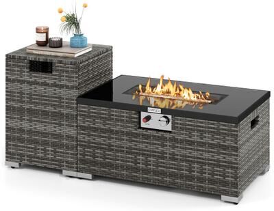 Costway 2-Piece Outdoor Rattan Fire Table Set 32 Inch Rectangle Gas Firepit with Tank Cover-Gray