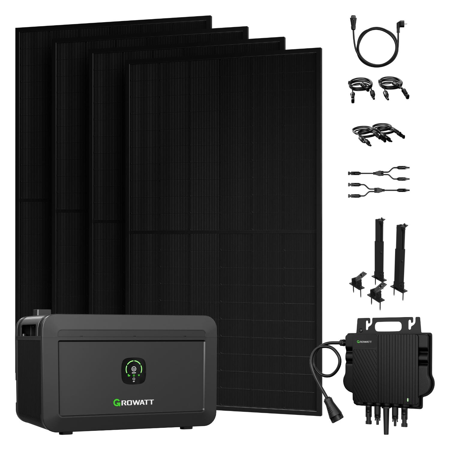 Balkonkraftwerk mit Speicher Growatt NOAH 2000 mit NEO-800W Mikrowechselrichter und 4x455W Solarmodule, 4x Fassaden/Flachdach Halterung