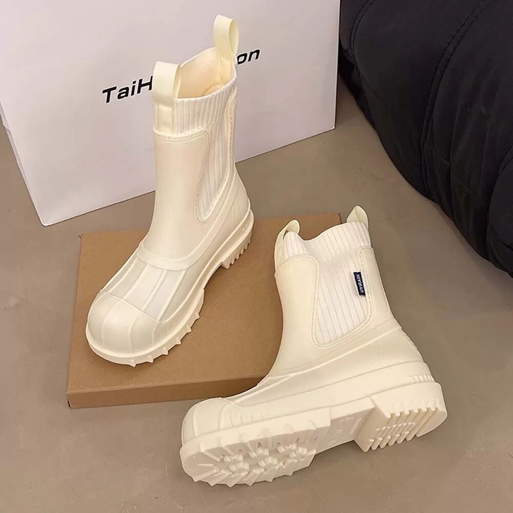 INF Englischer Stil Damen Wasserdichte Regenstiefel aus PVC mit elastischem Strickbund, modische kurze Gummistiefel, kompatibel Weiß 39