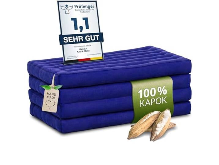 livasia Nachhaltige Klappmatratze aus Kapok - 200x80x8cm - Gästematratze, Faltbare Matratze einfarbig, ökologische Yogamatte, klappbares Gästebett, Liege Garten Balkon (Blau Uni)