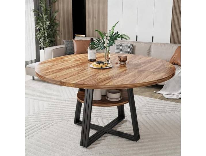 Zstar Runder Esstisch 120 cm mit Ablagefach im Landhausstil Runder Holztisch für 4-6 Personen mit stabilem Design und Stauraum