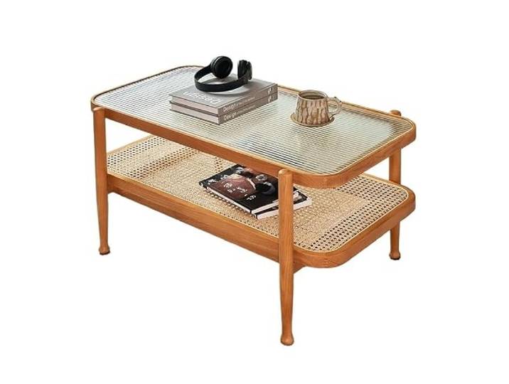 ksjdieunf Couchtisch Holz-Rattan-Couchtisch, doppellagiger Teetisch, modern, schlicht, for Zuhause, Wohnzimmer, Glastischplatte, Kleiner Tische for Wohnzimmer(A)