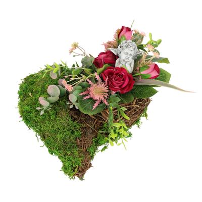 Kunstblume OTTO HOME "Kunstblumen-Gesteck mit Rosen und Engel auf Pflanz-Herz", grün (rot), B:23cm H:14cm L:23cm, Kunstpflanzen, Dekoratives Herzgesteck mit Rosenblüten und Engelfigur