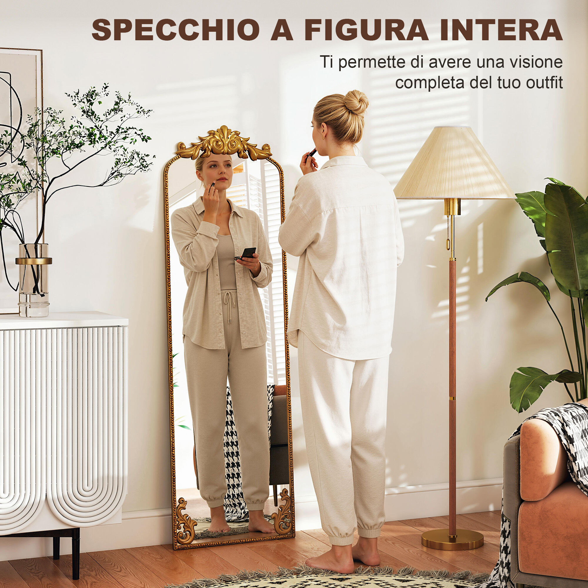 Altro Specchio A Figura Intera In Stile Barocco Con Cornice, In Vetro Temperato E Metallo, 50x4.5x160 Cm, Oro