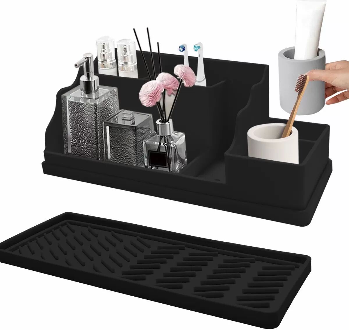 INF 2-in-1 Silikon Badezimmer Zahnbürstenhalter Organizer – Aufbewahrungsbox für Waschtisch mit Abtropfschale Schwarz