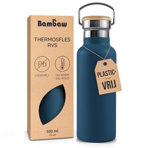 Bambaw RVS Thermosfles met Bamboe Deksel, 500ml, Blauw