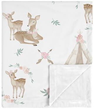 Sweet Jojo Designs Boho Watercolor Woodland Deer Floral Baby Receiving Security Swaddle Blanket - Blush Pink Mint Green White