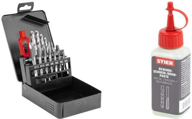 Set Stier STIER Gewindeschneidzeugsatz 15-teilig M3-M12 Form B HSS-G + STIER Gewindeschneidpaste Bohrpaste 100 ml Wasser-/ Seifenbasis
