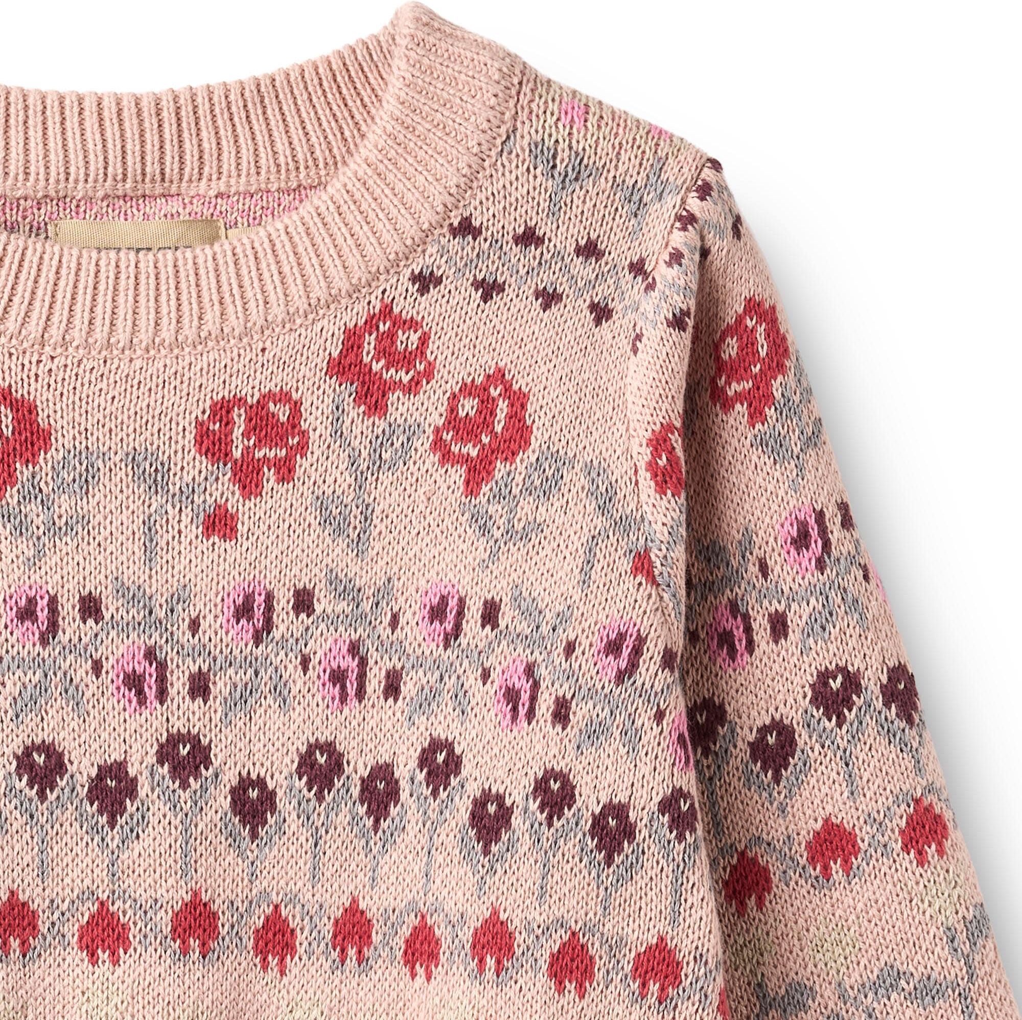 Strickpullover WHEAT "Jacquard Pullover Mikmak", Mädchen, Gr. 116, rosa (2317 dim rose), Strick, Obermaterial: 100% Baumwolle, normal normal, Rundhals, Pullover Strickpullover, Baumwolle