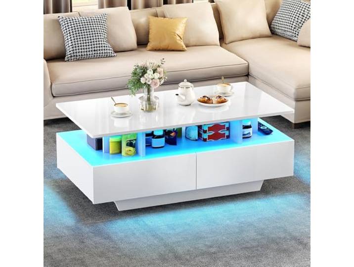 YITAHOME Couchtisch Weiß, Wohnzimmertisch Hochglanz mit 16-Farbiger LED Beleuchtung Modern, Beistelltisch Weiss mit Offenem Ausstellungsregal und 4 Ausziehbaren Schubladen 90x55x41,1 cm