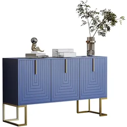 OKWISH Sideboard 3 Türen Dunkelblau 80x138x40 cm mit verstellbaren Einlegeböden U-Struktur Front, Metallgriffe und Metallgestell für Wohnen Küche