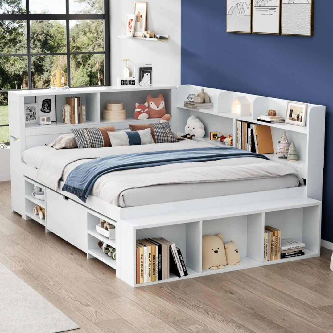 Abrihome Bed-With Drawers, Bookcase And Storage Cupboard White Double (4'6)