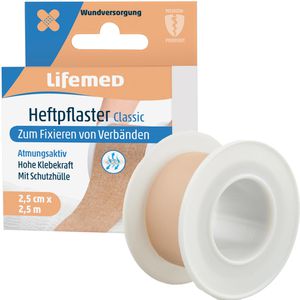 Lifemed Fixierpflaster Heftpflaster Classic, Rolle, hohe Klebekraft, 2,5m x 2,5cm