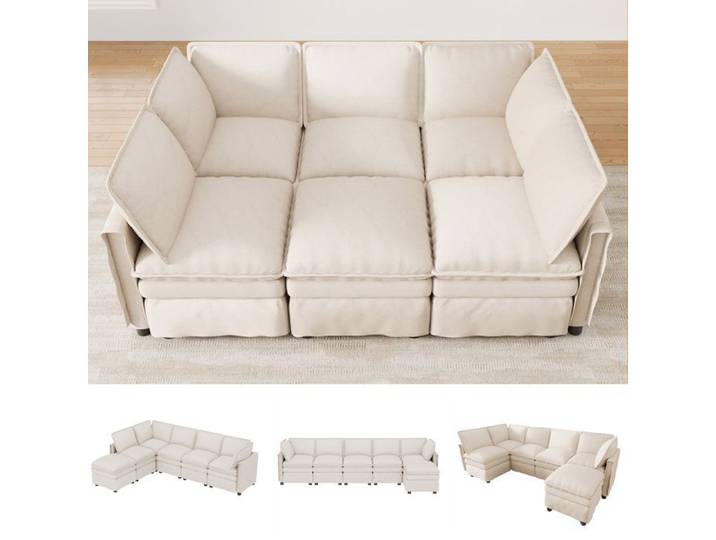 Canapé Modulable XXL 6 Places Beige en Tissu Chenille Canapé d'Angle U ou L avec Pouf - Norevia