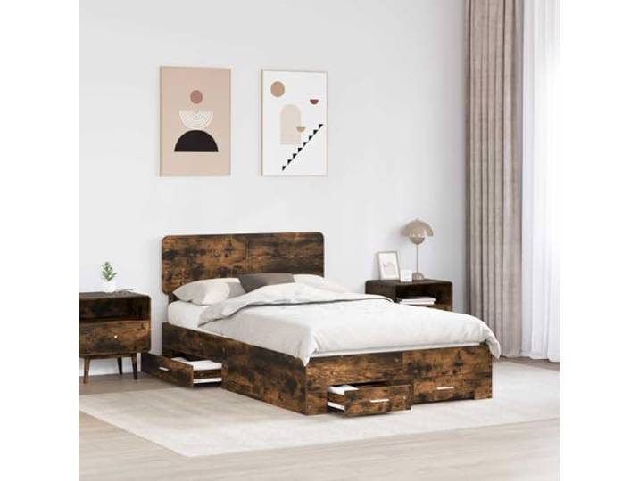 KTHLBRH Bettgestell Eiche Rauchgrau 135 x 190 cm mehrschichtiges Holz Mit Schubladen, Lattenrost, modernes Design, einfach zu montieren
