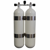 Faber Doppelgerät 2x7L Stahlflasche 200bar - weiß- Absperrbrücke - V 4 Tec Schellen - Abstand 40mm